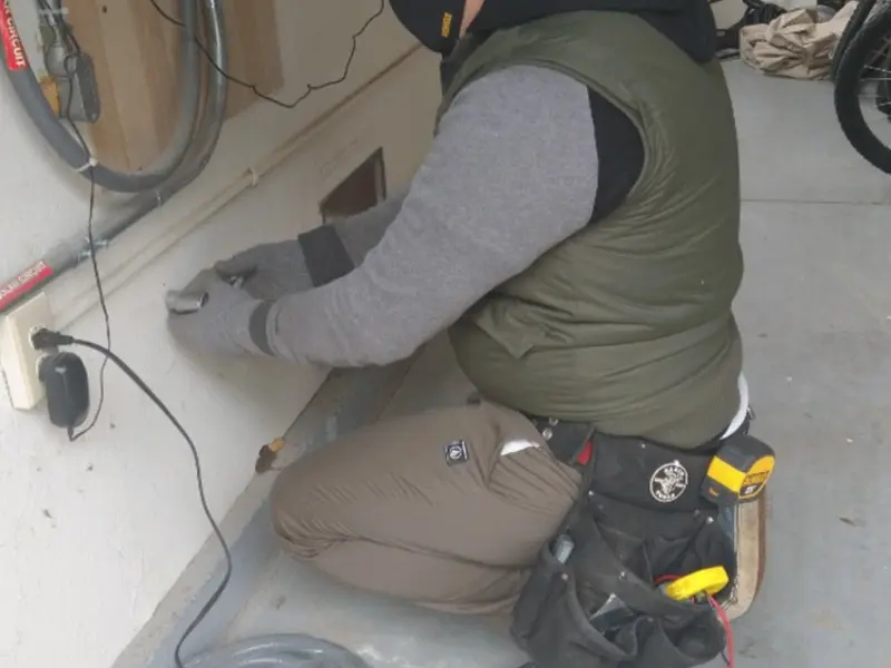 Electrician performing outlet wiring in a Stoughton garage